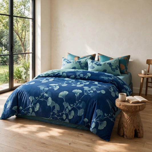 Vintage Ginkgo Leaf Cotton Bedding Set - Blue - Queen - image 0