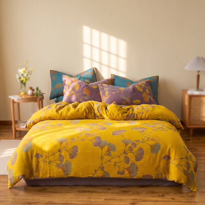 Vintage Ginkgo Leaf Cotton Bedding Set - Yellow - Queen - image 7