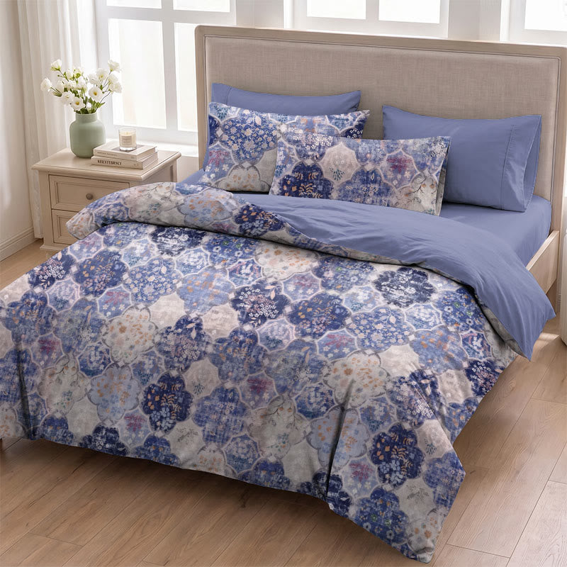 Blue Mosaic Floral Cotton Gauze Bedding Set - Blue & Purple - 3PCS - Full/Double - image 1