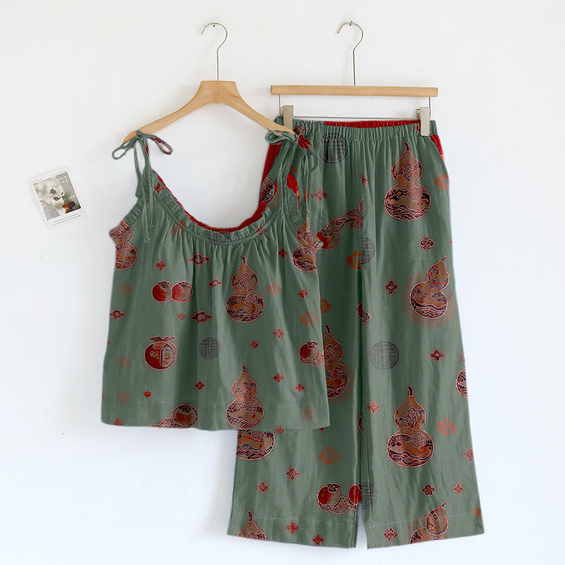 Lucky Gourd Print Cotton Pajama Set - Green - XL - image 3