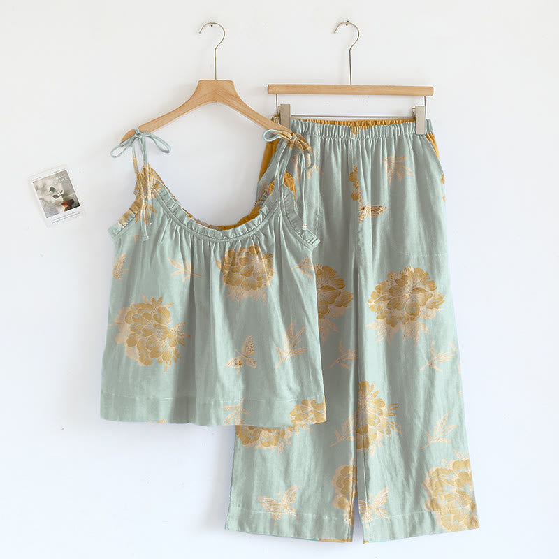 Retro Peony Butterfly Cotton Loungewear Set - Sage Green - XL - image 3
