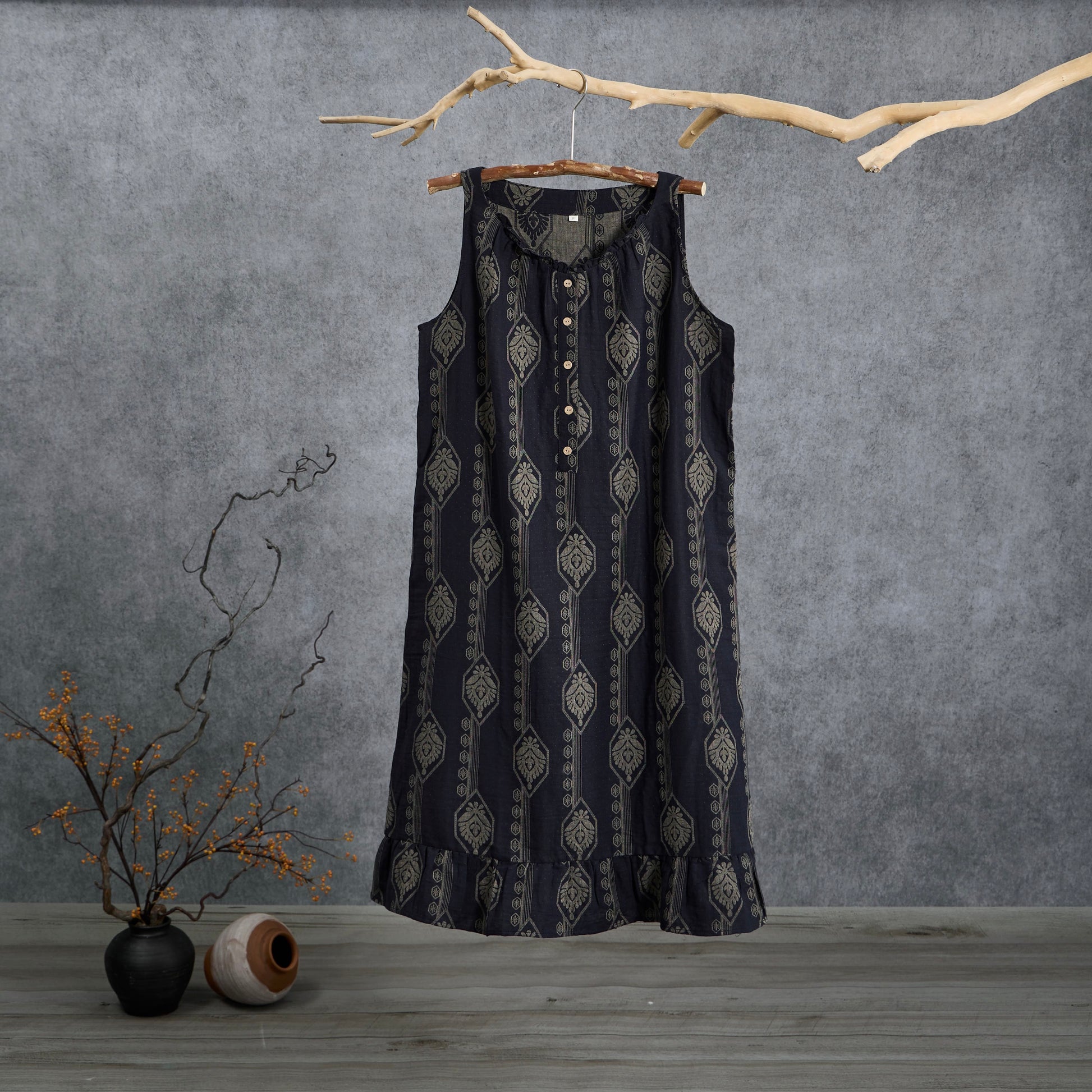 Vintage Navy Blue Geometric Cotton Nightdress - Navy Blue - L - image 0