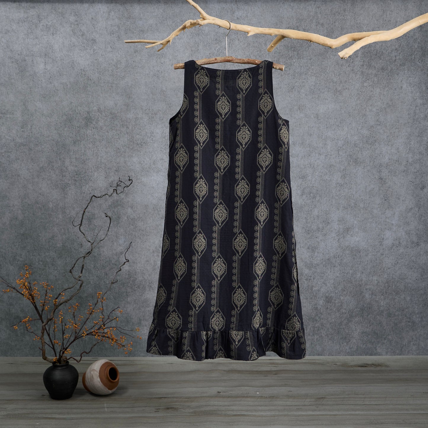 Vintage Navy Blue Geometric Cotton Nightdress - image 1