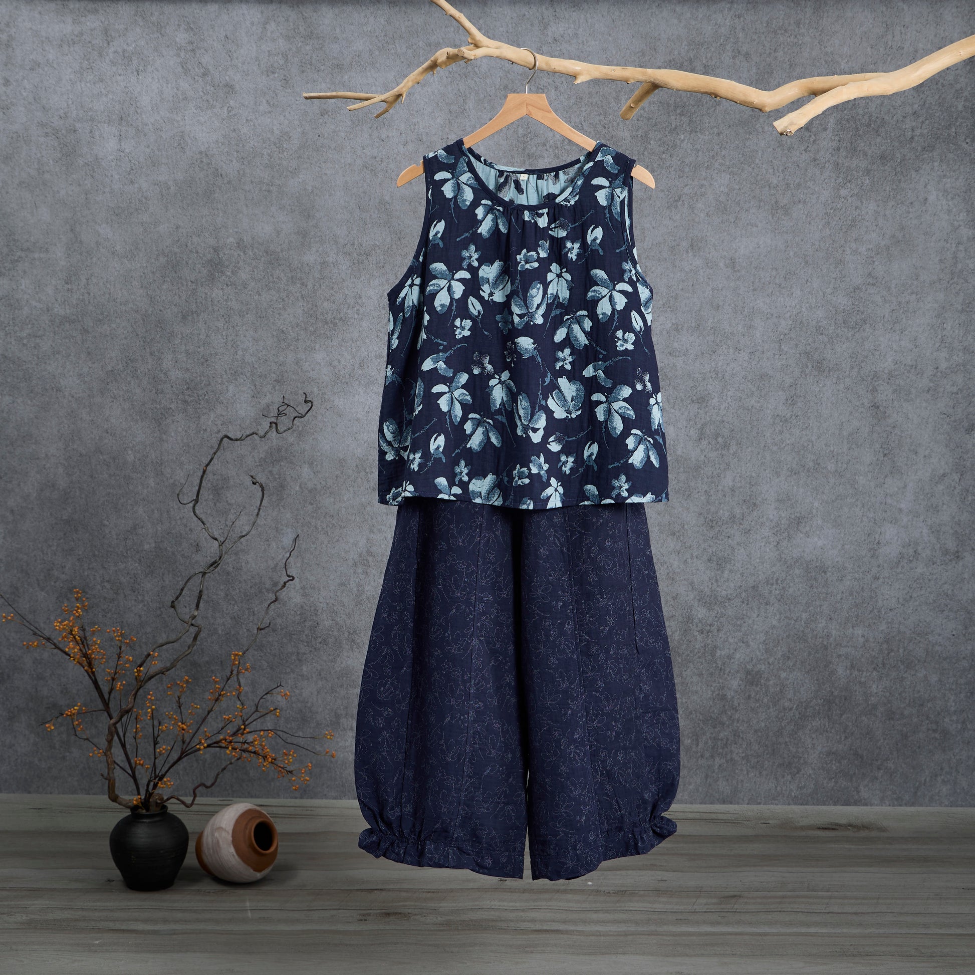 Retro Navy Blue Floral Cotton Tank Loungewear Set - Navy Blue - XL - image 0