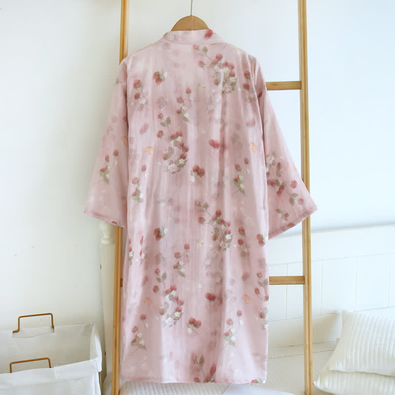 Pink Berry Floral Cotton Kimono Robe - image 1