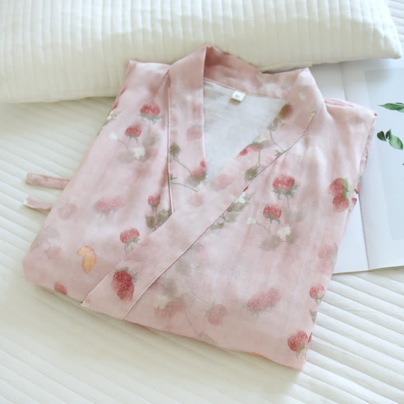 Pink Berry Floral Cotton Kimono Robe - image 2