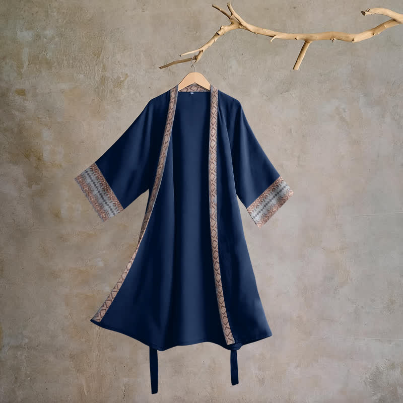 Retro Geometric Border Cotton Lounge Robe - Blue - XL - image 0