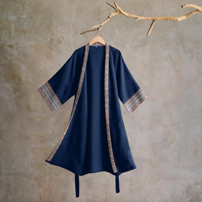 Retro Geometric Border Cotton Lounge Robe - Blue - XL - image 0