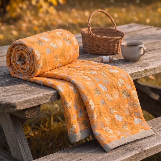 Golden Ginkgo Reversible Cotton Blanket - Orange - 94" x 104" - Blanket - image 0