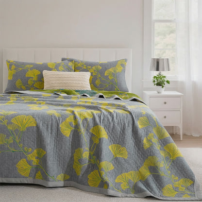 Retro Garden Flower Cotton Reversible Quilt - Light gray - Quilt with 2pcs Pillowcases - King - image 0