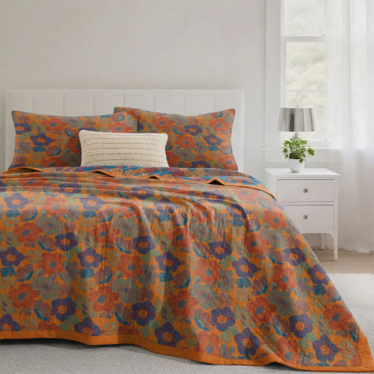 Vintage Multicolor Floral Cotton Reversible Quilt - Orange - Quilt - King - image 0