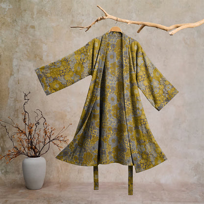 Retro Muted Floral Cotton Lounge Robe - Yellow - 2XL - image 5