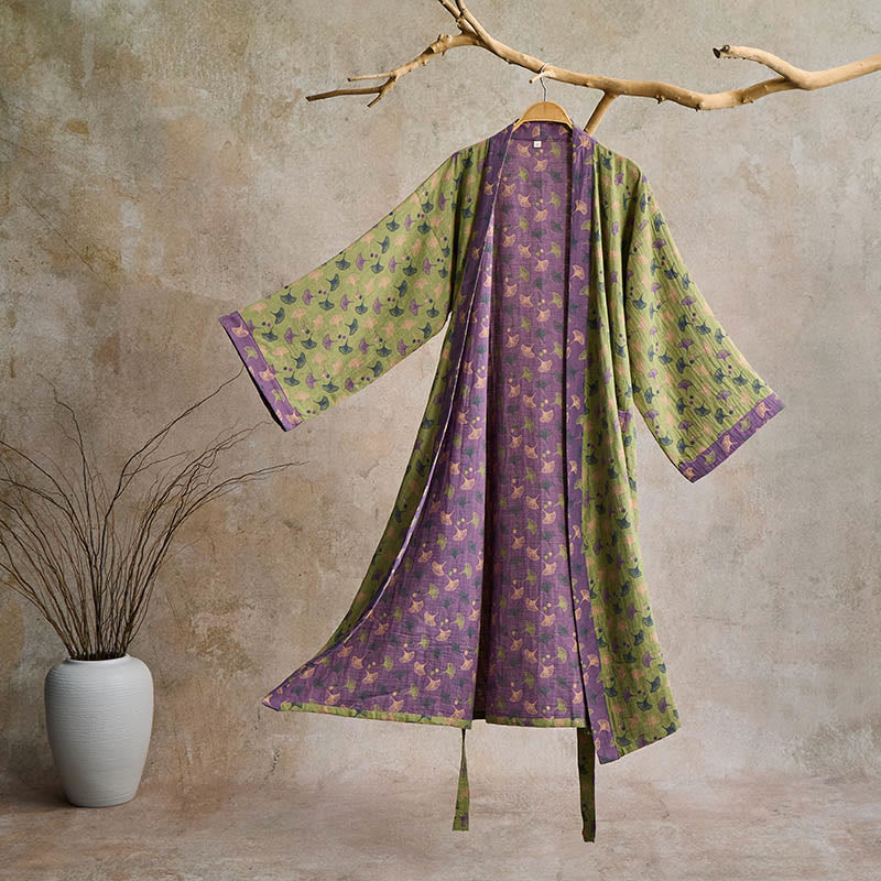 Two-Tone Ginkgo Cotton Gauze Kimono Robe - Green & Purple - 2XL - image 6