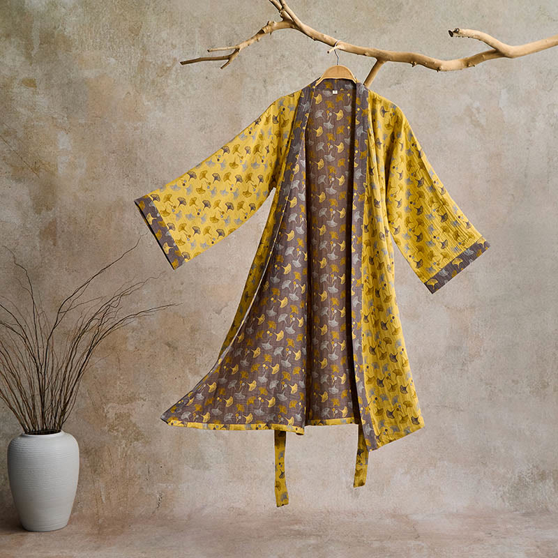 Two-Tone Ginkgo Cotton Gauze Kimono Robe - Yellow & Grey - 2XL - image 7