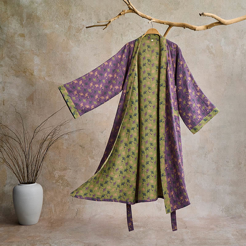 Two-Tone Ginkgo Cotton Gauze Kimono Robe - Purple  &  Green - 2XL - image 3