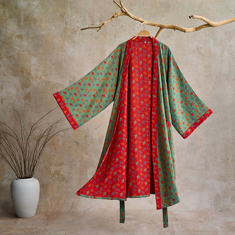 Two-Tone Ginkgo Cotton Gauze Kimono Robe - Green & Red - 2XL - image 5