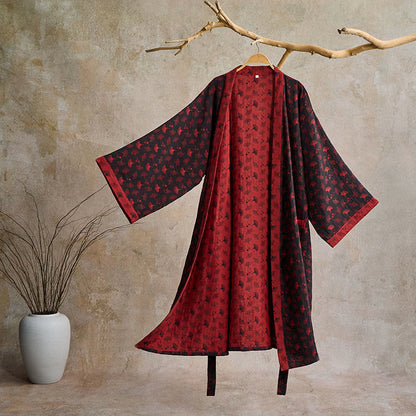 Two-Tone Ginkgo Cotton Gauze Kimono Robe - Black & Red - 2XL - image 1