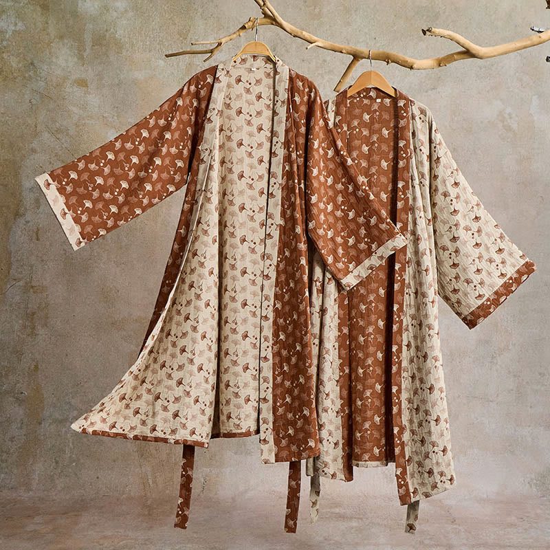 Two-Tone Ginkgo Cotton Gauze Kimono Robe - image 12