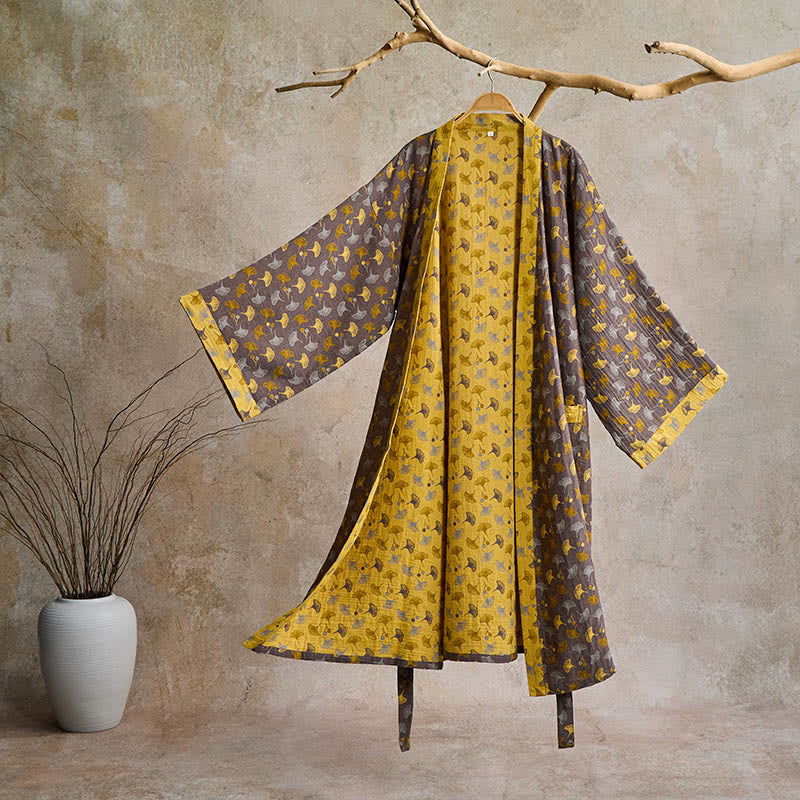 Two-Tone Ginkgo Cotton Gauze Kimono Robe - Grey & Yellow - 2XL - image 2