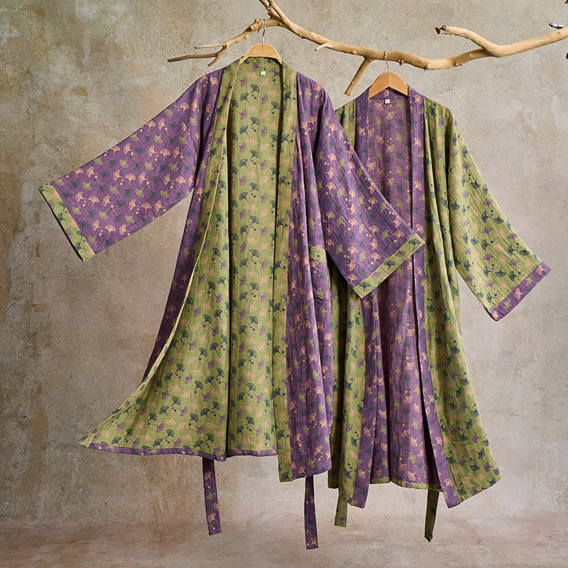 Two-Tone Ginkgo Cotton Gauze Kimono Robe - image 10