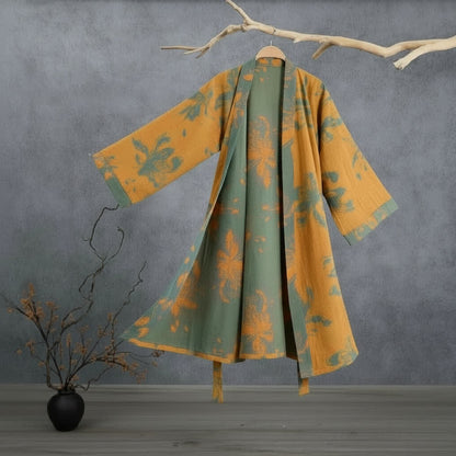 Reversible Vintage Floral Cotton Kimono Robe - Orange - 2XL - image 4