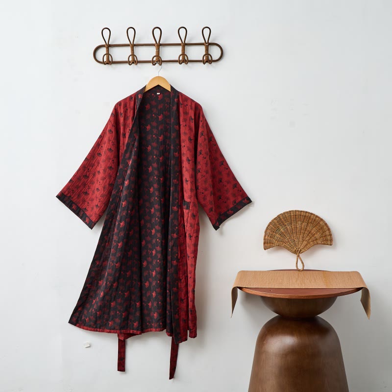 Two-Tone Ginkgo Cotton Gauze Kimono Robe - Red & Black - 2XL - image 9