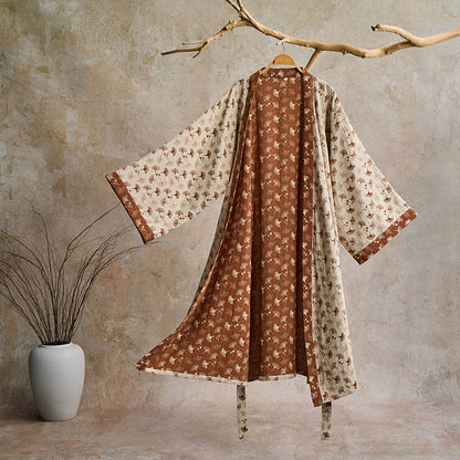 Two-Tone Ginkgo Cotton Gauze Kimono Robe - Beige & Coffee - XL - image 8