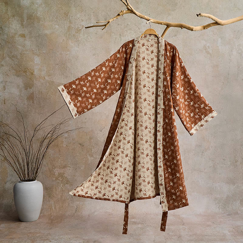 Two-Tone Ginkgo Cotton Gauze Kimono Robe - Coffee & Beige - XL - image 4