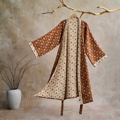 Two-Tone Ginkgo Cotton Gauze Kimono Robe - Coffee & Beige - XL - image 4