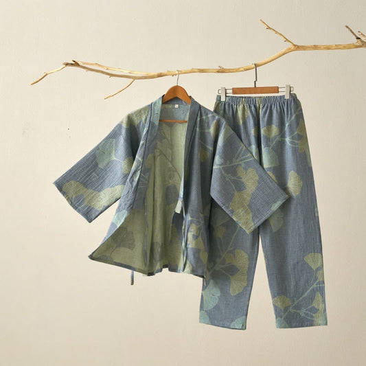 Ginkgo Leaf Organic Cotton Kimono Loungewear - Light Blue - XL - image 0