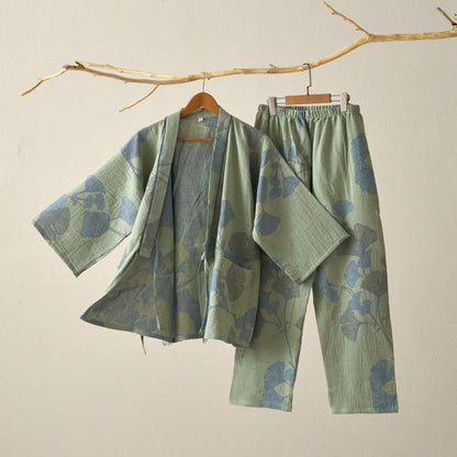 Ginkgo Leaf Organic Cotton Kimono Loungewear - Green - XL - image 1