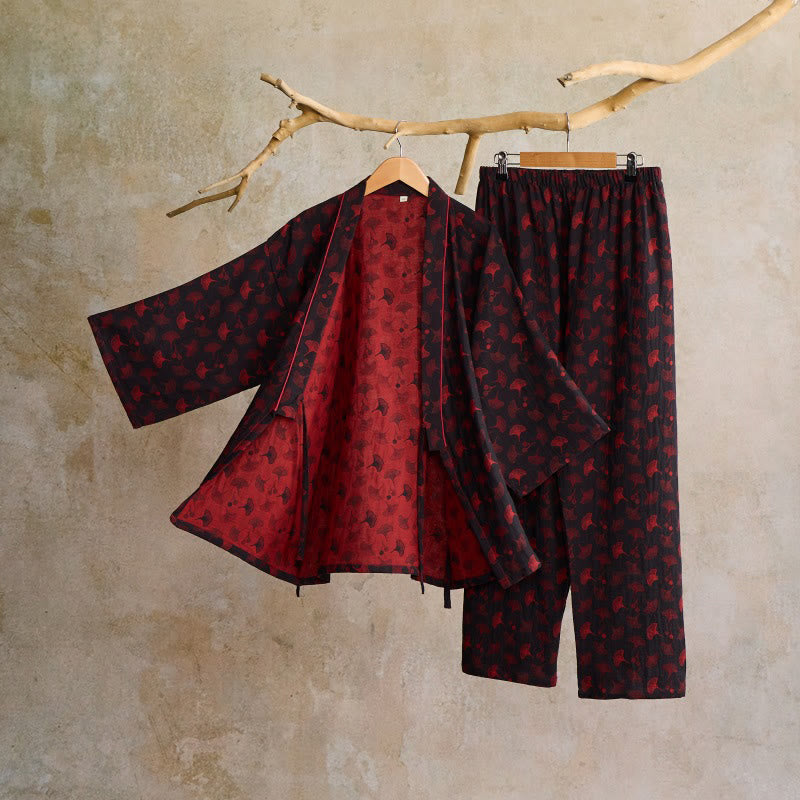 Ginkgo Organic Cotton Kimono Loungewear Set - Black & Red - XL - image 5