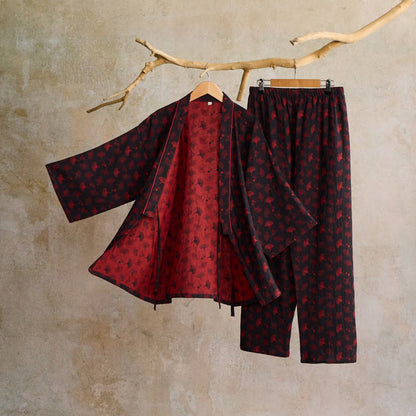 Ginkgo Organic Cotton Kimono Loungewear Set - Black & Red - XL - image 5