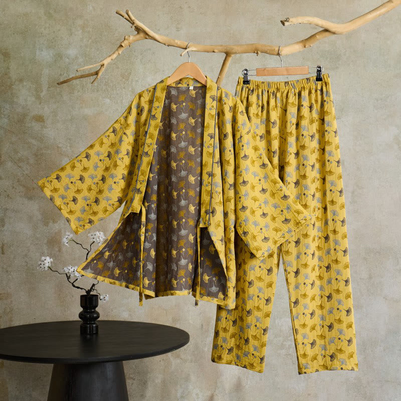Ginkgo Organic Cotton Kimono Loungewear Set - Yellow & Grey - XL - image 4