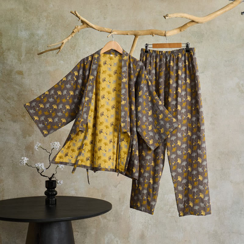 Ginkgo Organic Cotton Kimono Loungewear Set - Grey & Yellow - XL - image 2