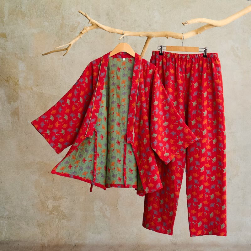 Ginkgo Organic Cotton Kimono Loungewear Set - Red & Green - XL - image 3