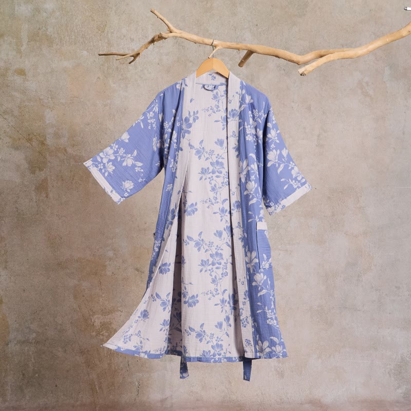 Double Gauze Elegant Floral Cotton Kimono Robe - Blue - XL - image 0