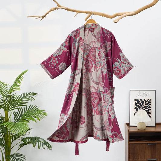 Luxurious Peony Double Gauze Cotton Kimono Robe - Wine - XL - image 0