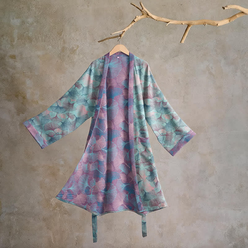 Dreamy Ginkgo Leaf Cotton Kimono Robe - Blue - 2XL - image 0