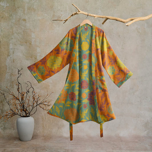 Vintage Floral Cotton Robe - Orange & Teal - 2XL - image 0
