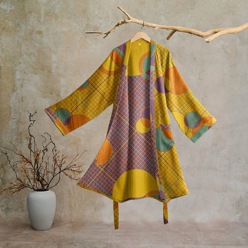 Retro Geometric Circle Cotton Robe - Yellow & Purple - 2XL - image 6