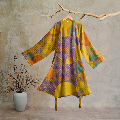Retro Geometric Circle Cotton Robe - Yellow & Purple - 2XL - image 6