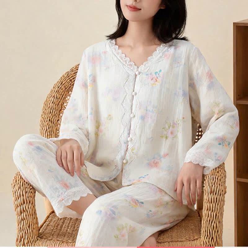 Romantic Floral Cotton Gauze Lace Lounge Set - image 4