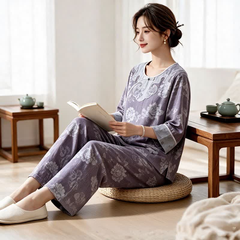 Vintage Peony Cotton Gauze Jacquard Loungewear Set - image 2