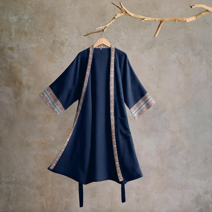 Retro Geometric Border Cotton Lounge Robe - Blue - XL - image 0
