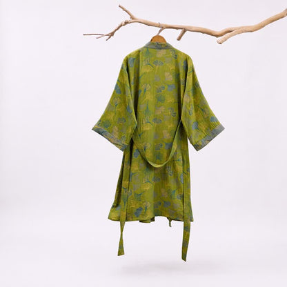 Green Gray Ginkgo Leaf Cotton Kimono Robe - image 1