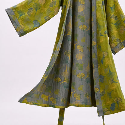 Green Gray Ginkgo Leaf Cotton Kimono Robe - image 4