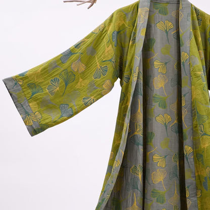 Green Gray Ginkgo Leaf Cotton Kimono Robe - image 3