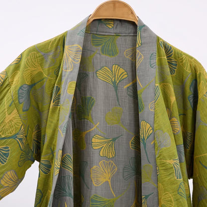 Green Gray Ginkgo Leaf Cotton Kimono Robe - image 2