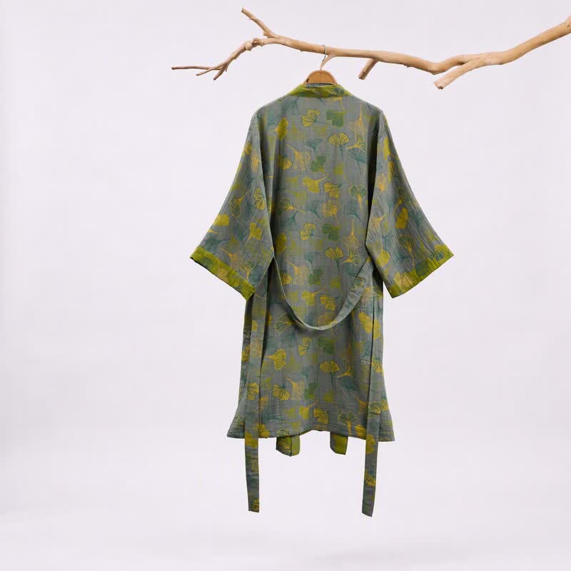 Green Gray Ginkgo Leaf Cotton Kimono Robe - image 8